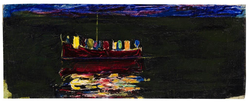 Painting by Kandinsky of boat with lanterns in dark waters.