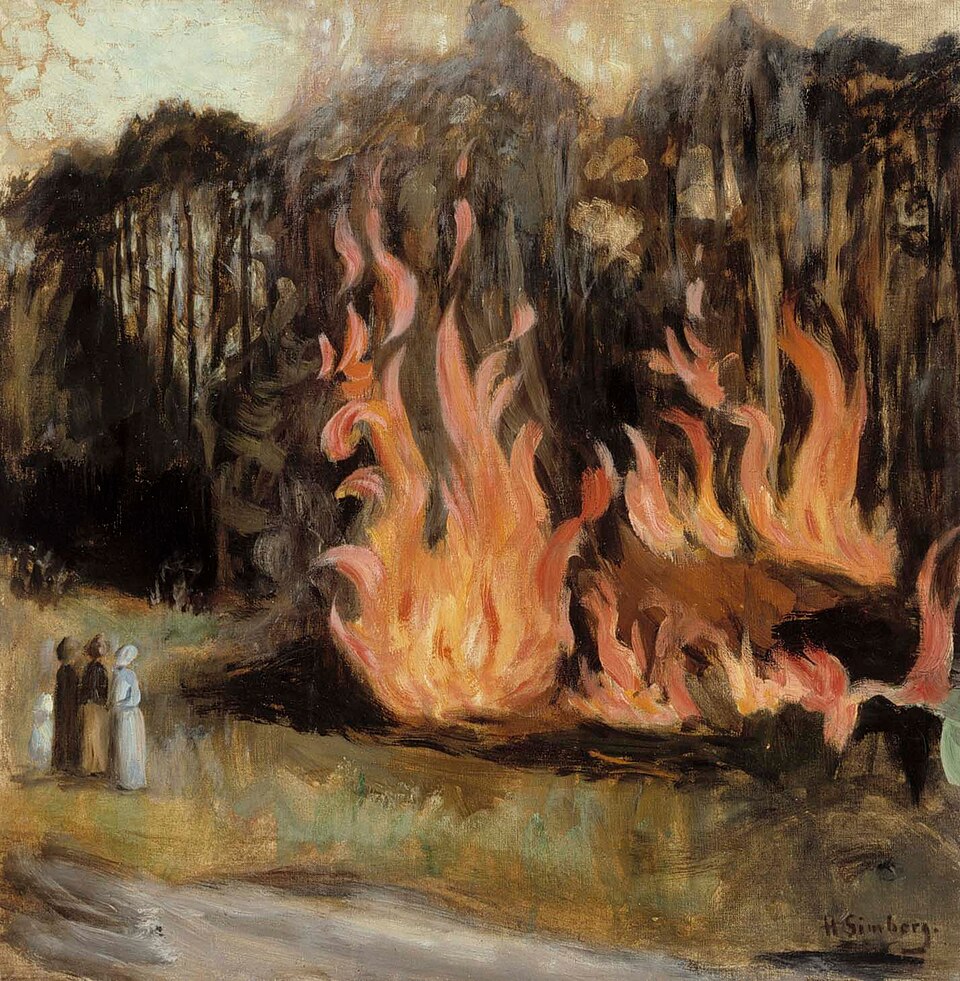 A painting by finnish artist Hugo Simberg of three figures calmly watching a huge bonfire. The colors are drab and the brushstrokes are thick and fast.