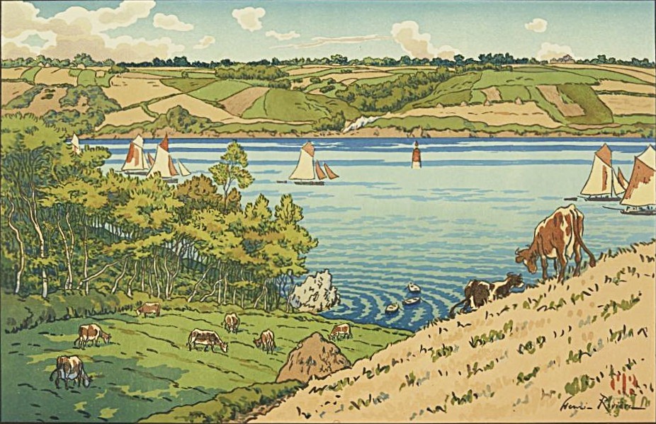 A painting by Henri Rivière of a calm sea or lake, from a hill overlooking it where stands a cow. There are other cows grazing down the slope. There are sailboats on the water and the other shore are hills and farmland. The colors are warm and bright, and the light suggests a hot summer afternoon.